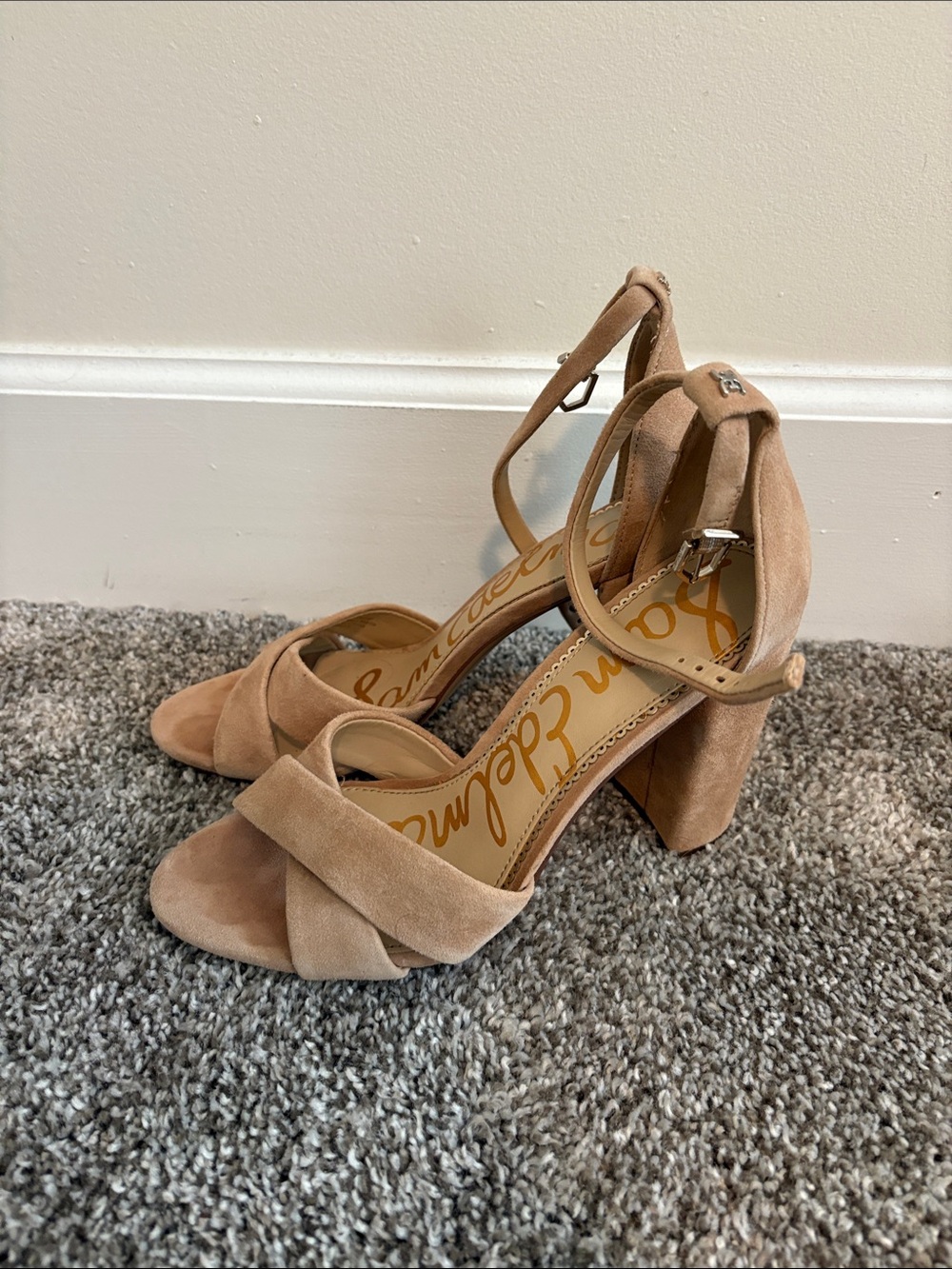 Sam Edelman Beige Suede Crisscross Ankle Strap Block Heels